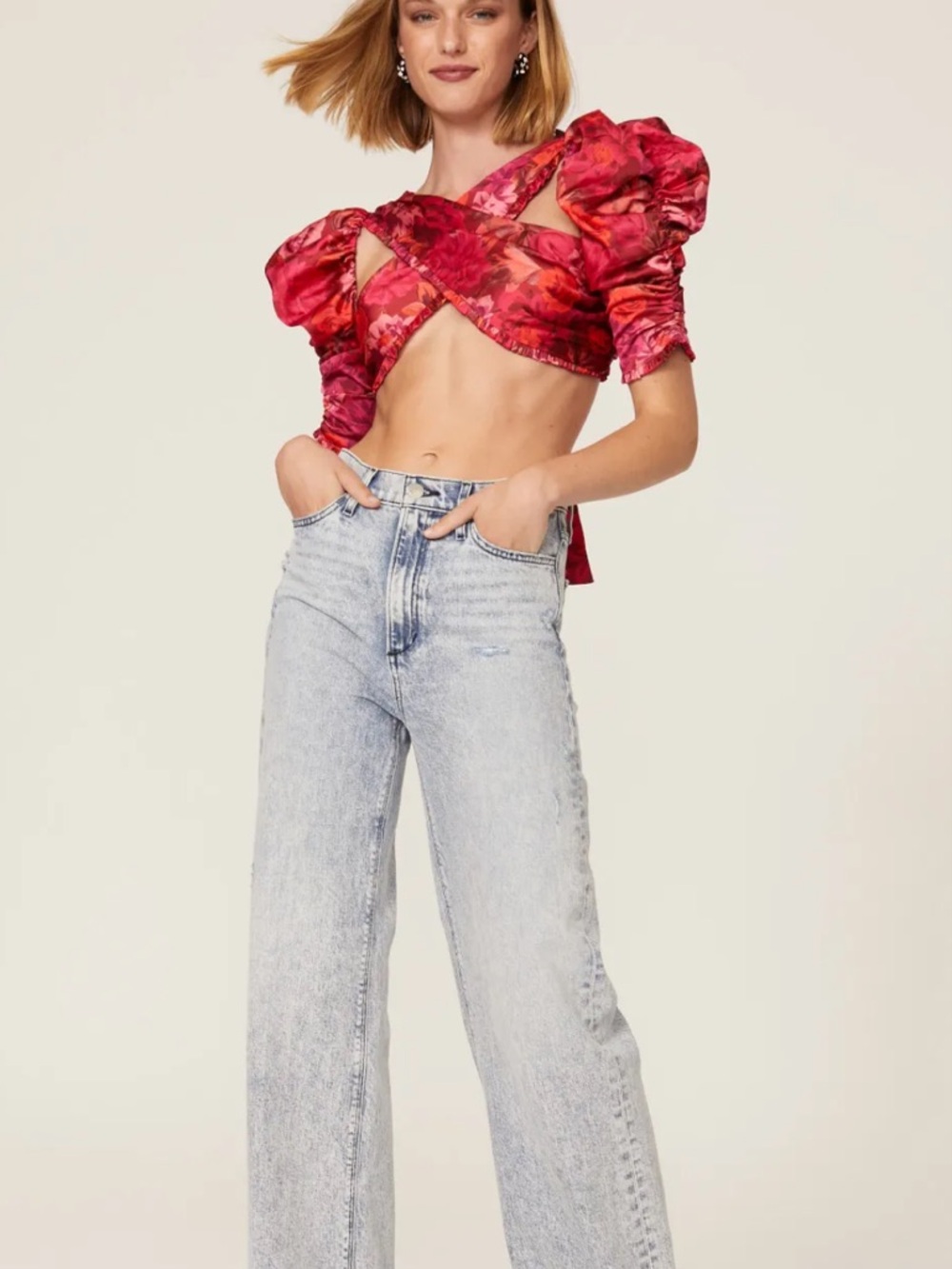 For Love & Lemons Red Floral Off-Shoulder Tie-Front Crop Top - Picture 3 of 3